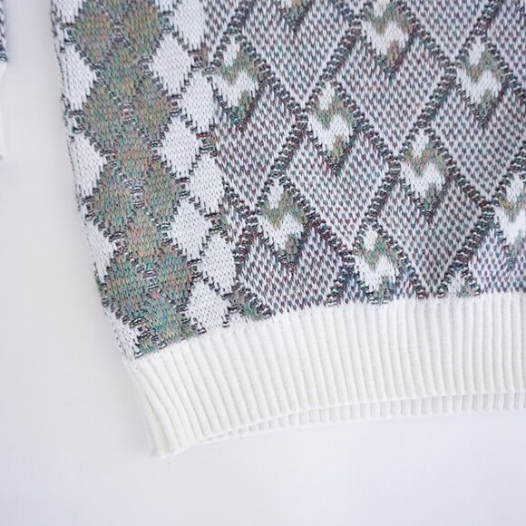 '80s Lavane White Teal 3D Argyle Biggie Cosby Eclectic Knit Crew Neck Sweater M - Picture 7 of 9